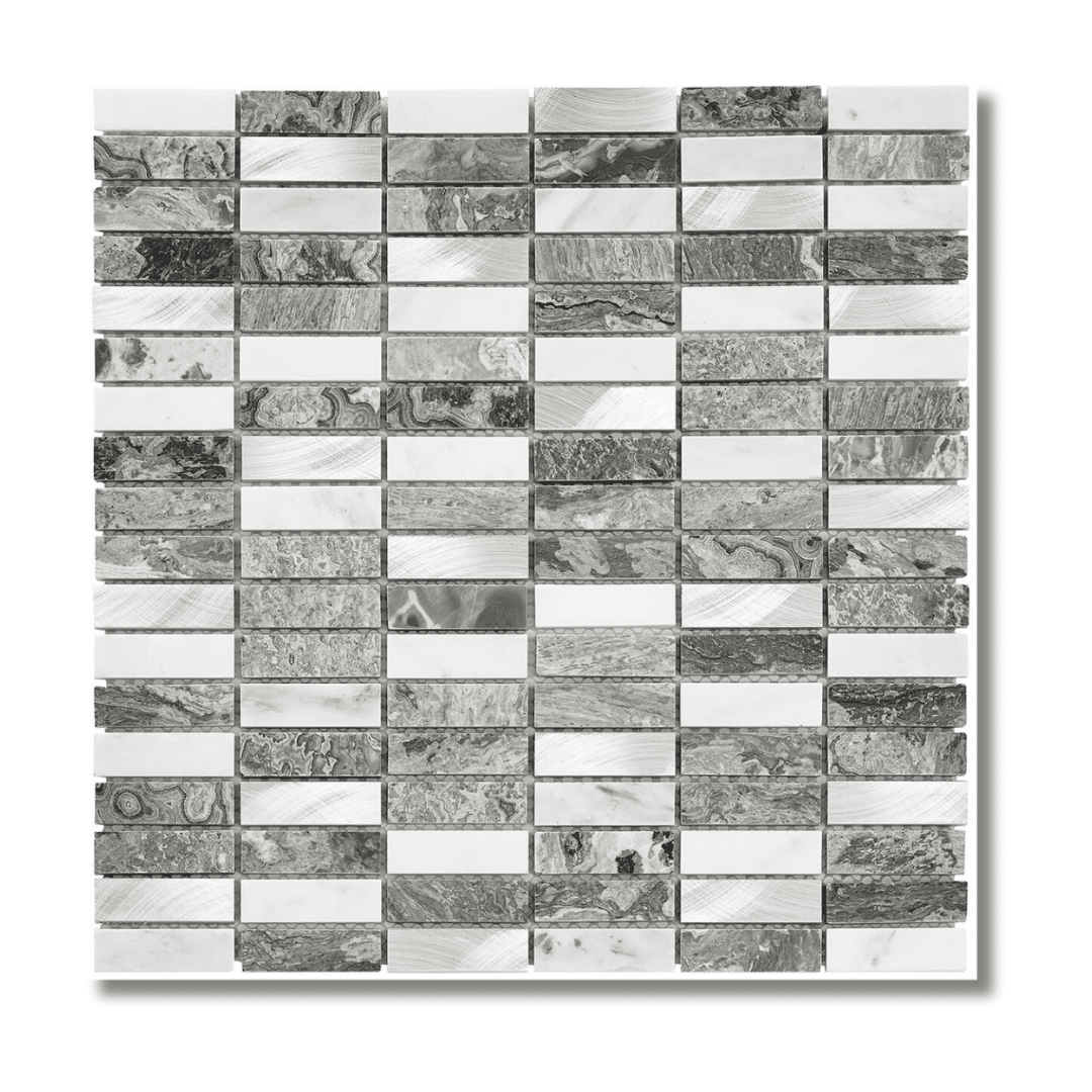Creswell Grey Stone & Metal Mix Linear Mosaic Tiles