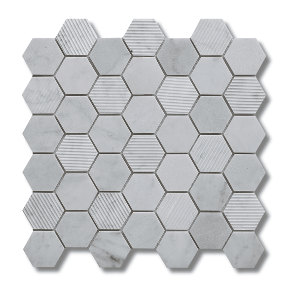 Fog Stone Hexagon Mixed Finish Marble Mosaic Tiles