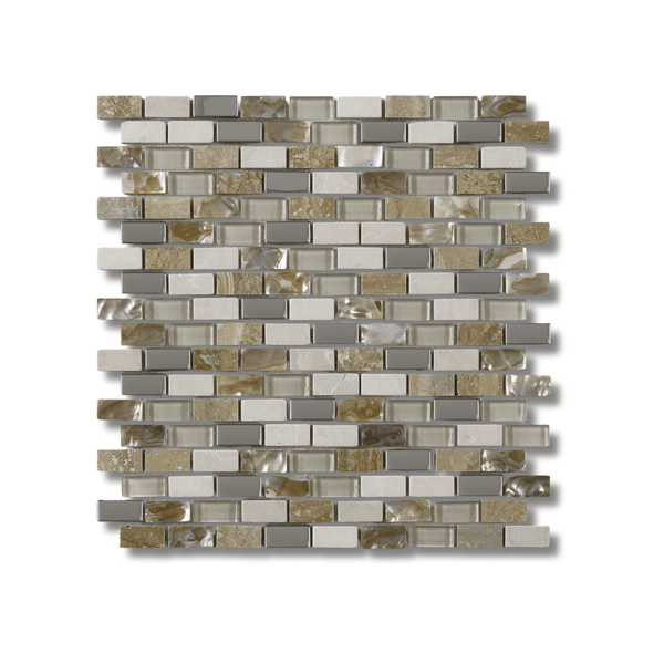 Cream Pearl Glass, Stone & Metal Mini Brick Mosaic Tiles