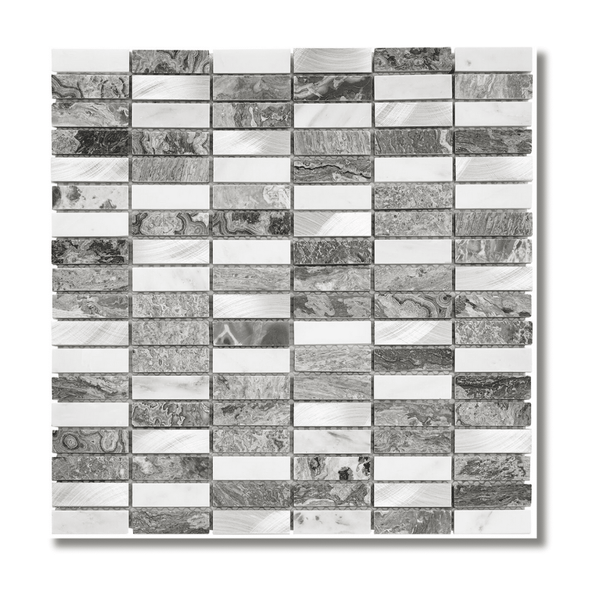 Creswell Grey Stone & Metal Mix Linear Mosaic Tiles